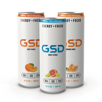 Variety pack of GSD energy drinks featuring Juicy Peach, White Citrus, and Orange Rush flavors with zero sugar.
